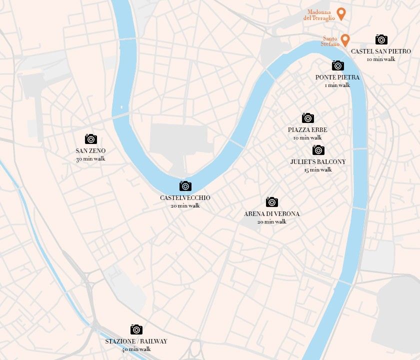 Illustrated map of central Verona showing the bend in the Adige and pins for the two La Dolce Vita apartments